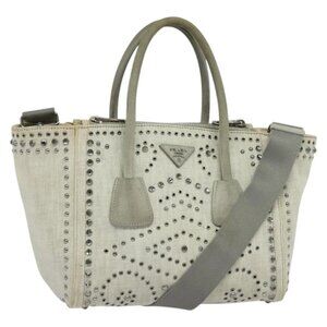 PRADA Hand Bag Canvas 2way White Silver Auth